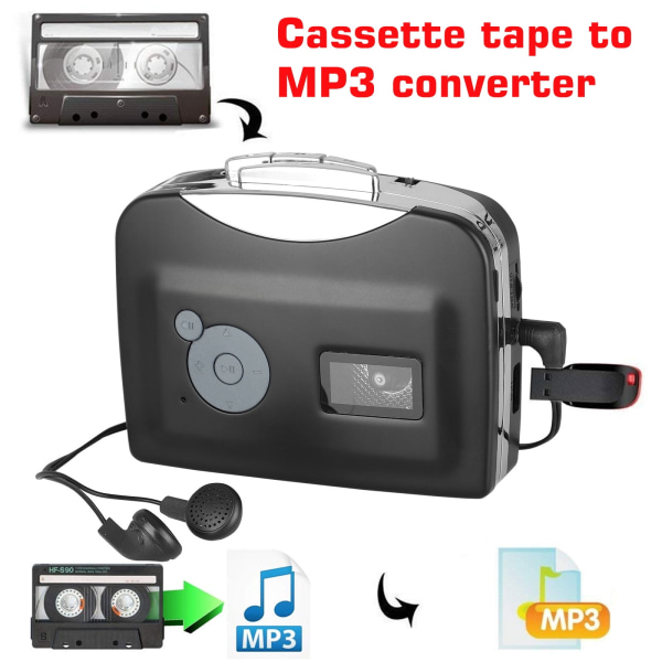 Bärbar kassett till MP3-omvandlare, USB -kassett Ljudmusikspelare Band till MP3-omvandlare - Walkman Cassette Player Recorder med 3,5 mm hörlurar