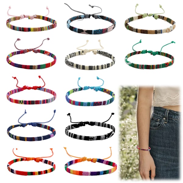 Förpackning med 12 bohemiska vävda armband, flerfärgade vänskapsarmband, handgjorda flätade armband, justerbara vänskapsarmband för barn