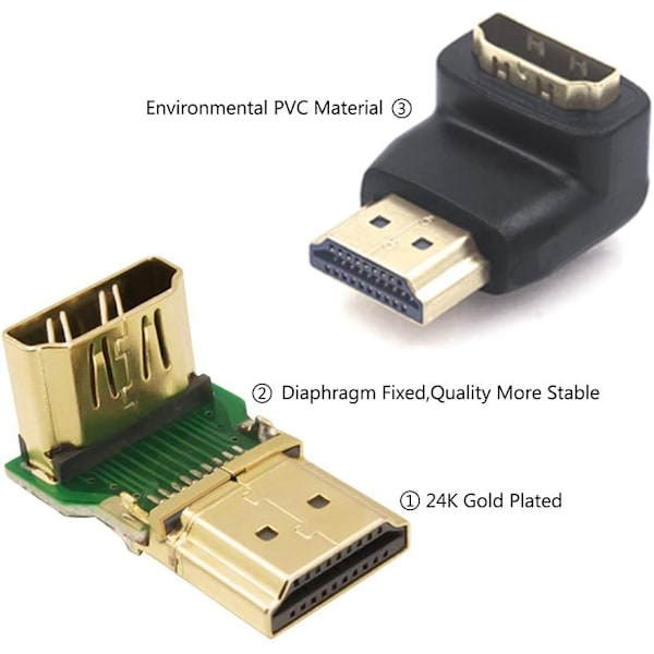 HDMI-adapter 90 grader 270 grader rät vinkel hane till hona 4K 3D rät vinkel HDMI-kontakt 2-pack