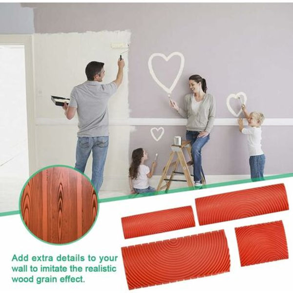 4 stycken gummiträverktygsgummi målningsverktyg kam faux trä DIY imitation färgvalsar för väggdekor möbler (röd)