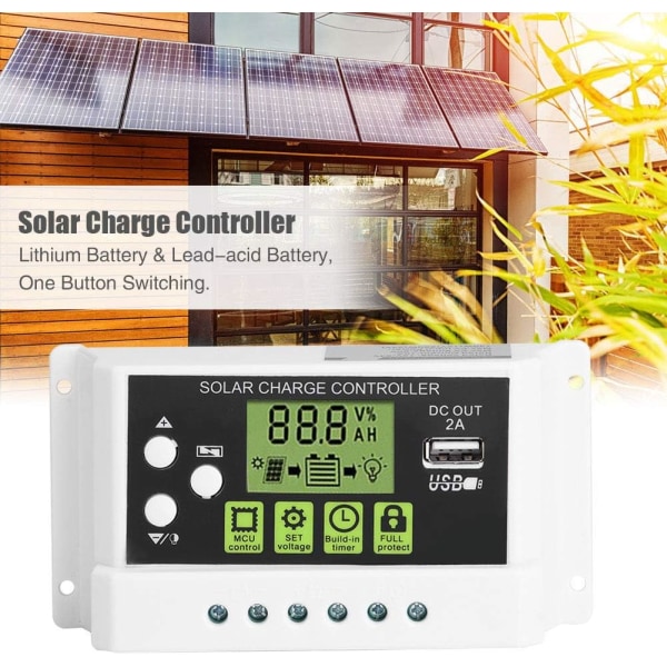 Solar Panel Charge Controller, Akozon PWM Intelligent Solar Charge Controller LCD-skärm USB utgång 12V 24V 10/20 / 30A Solpanelsbatteri