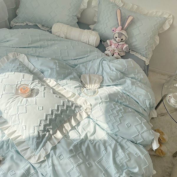 Mjuk sängklädesset med spetsdekoration Hudvänligt borstat tyg Princess sängtillbehör Blå 1,5 meter sängkjol set