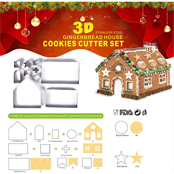 18 st Pepparkakshus Bakform Jul Rostfritt Stål 3D Tredimensionell Kakform DIY Högpunkts Bakform med Presentförpackning 18 st