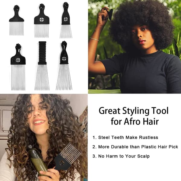 Afro Picks för lockigt hår, 6 st Metall Hår Pick för Afro Hår, A