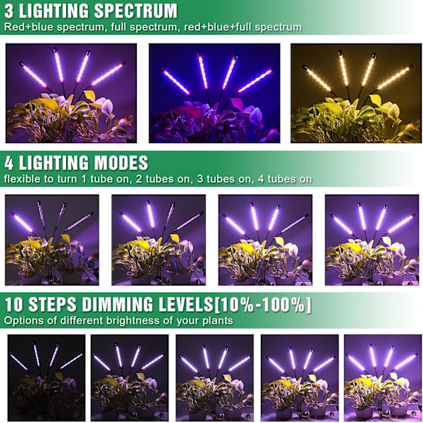 LED-växtlampor för inomhusväxter Full Spectrum Plant Light med 15-60 tum justerbart stativ, röd blå vit golvväxtlampa med 4/8/12H