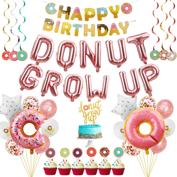 Donut Grow Up Party Decorations Supplies Kit - 46st - Donut Theme Birthday Party Decorations - Donut Grow Up Balloons, Cake Topper, Donut Banner,