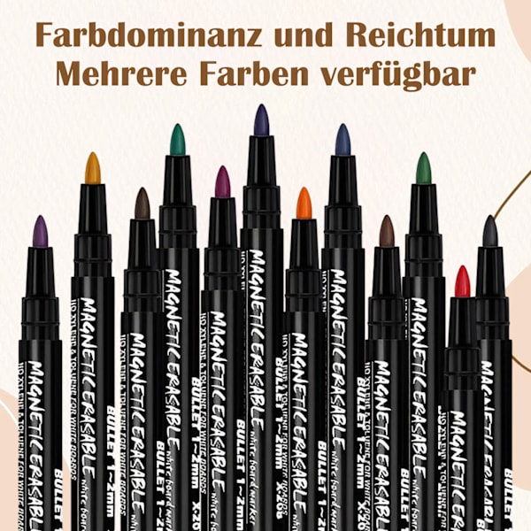Whiteboard-markeringspenna, svamp whiteboard-penna, magnetisk whiteboard-svamp med penna, 2-i-1 pulver notebook-penna, 12 färger, torr torkning, lämplig för