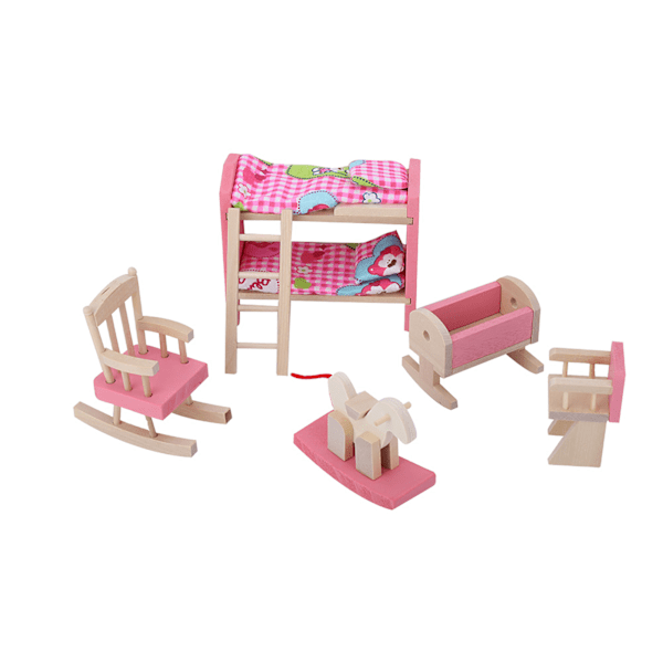 Miniatyr Livsliknande Simulerings Trä Möbler Set för 1:12 Dockhus Tillbehör (Barn Sovrum)