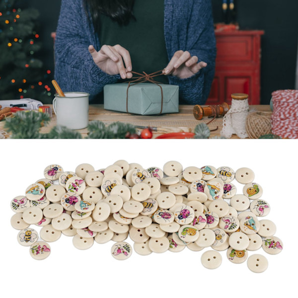 100 st 0,6 tum blandade tryckta träknappar DIY hantverksknappar dekorativa runda knappar för sömnad hantverk stockfärg bin fjärilar blommor och