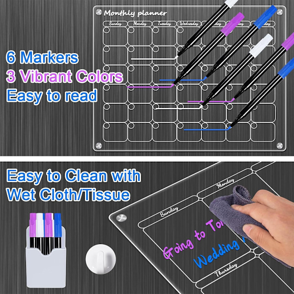 Kalender för Kylskåp, Akryl Magnetisk Whiteboard Återanvändbar, Lätt att Skriva & Radera, Premium Akrylmaterial, 2 st