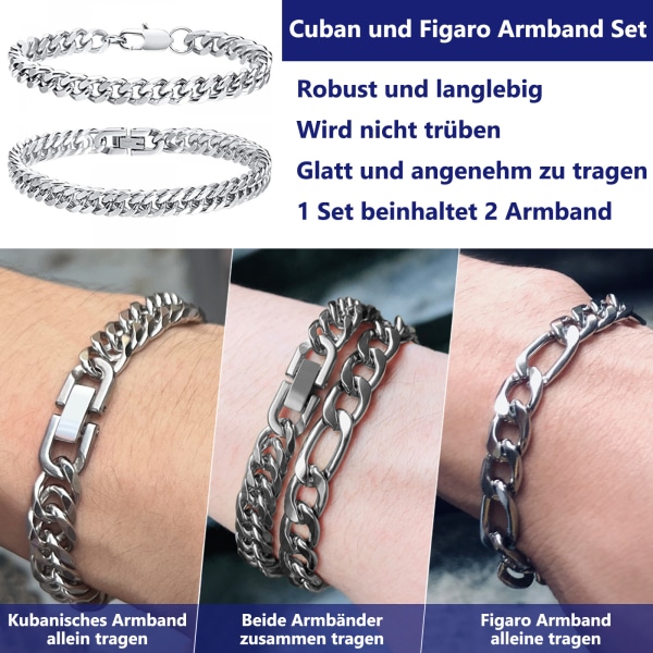 Silverarmband för män i rostfritt stål, 2 stycken länklänkkedjearmband, tunglänkad Cubana-armband för män, kantkedja i silverkedja, smutssäker,