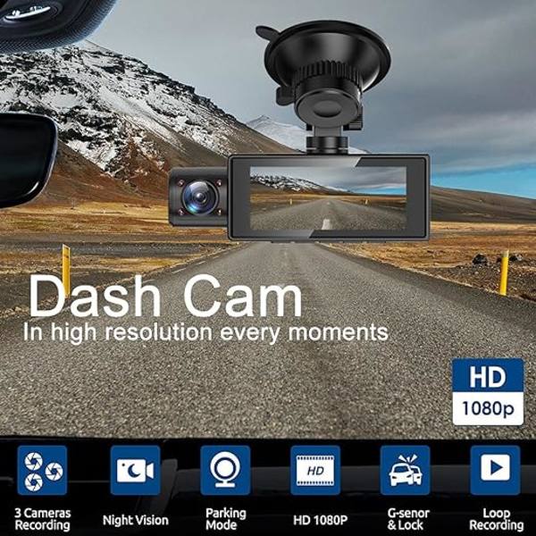 Dashkamera, 3-kanals dashcam GPS-bilrecorder fram inomhus 1080P bak 480P loopinspelning nattvision parkeringsläge