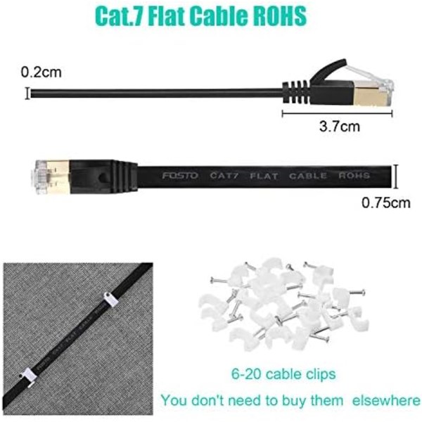 Cat7 Ethernet-kabel 15m Cat 7 Flat RJ45 Hög hastighet 10 Gigabit LAN Internet-nätverk för Xbox, PS4, Modem, Router, Switch, PC, TV-box 15m Svart WddnAot