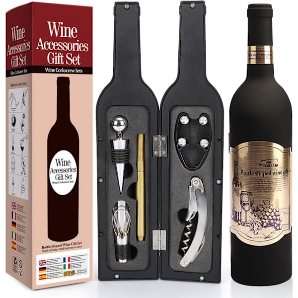 Vintillbehör i form av en vinflaska, vinöppnarsatsen innehåller en vinöppnare, vinstoppare och vinkaraff
