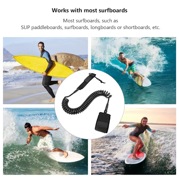 Surfboard Leash Hög elasticitet TPU Svart Justerbar Spiralformad Surfing Benrem för Paddleboards Longboards 12ft/3,66m