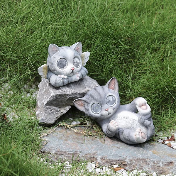 Kat haven statue, dyrestatue med solcelle LED øjne til haven,