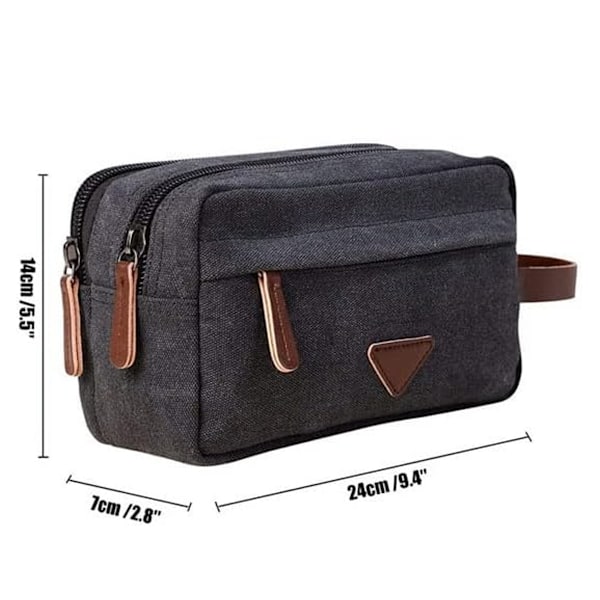 Toalettväska för män med dubbla fack, canvas läder kosmetisk sminkorganisatör rakning Dopp kit - Svart