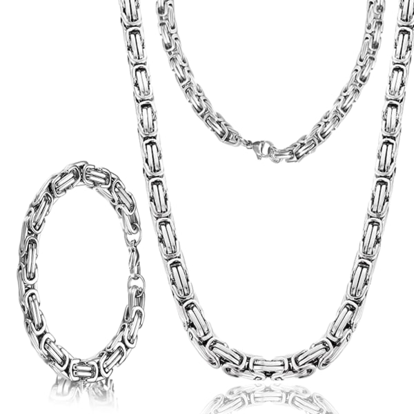 Bysantinsk kedja silver rostfritt stål för män, 6 mm brett halsband och set, tjockt tungt bysantinskt kedjearmband Punkkedja, rostfritt för män