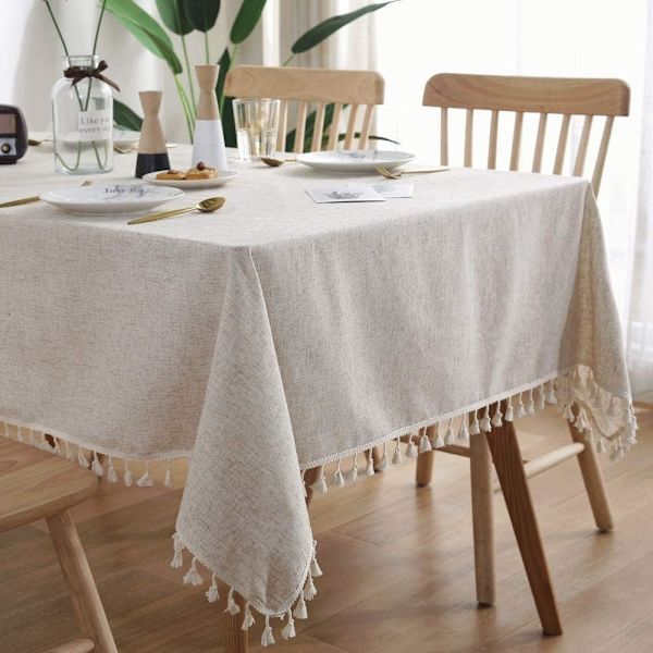 Rektangulär bordsduk med tofsar, beige bomullslinne bordsduk, tvättbar dammtät soffbord bordsdukar för kök picknickbord