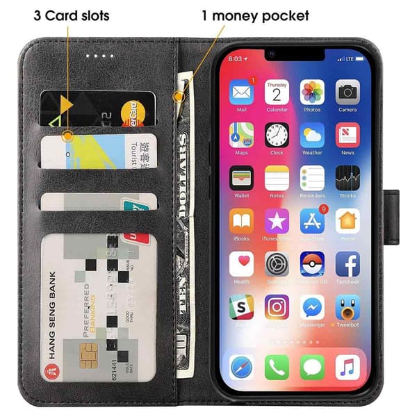 Suojaa iPhone 7/8/SE - Nahkakotelo + Näytönsuoja! Musta