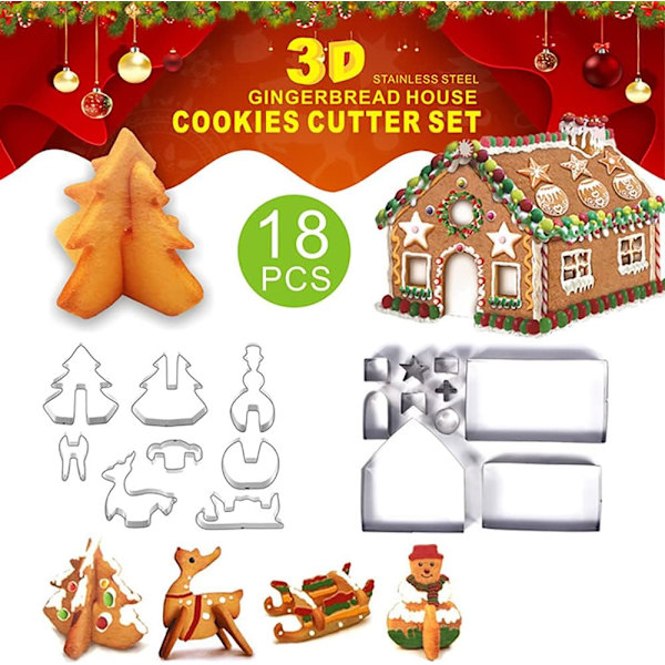 18 st Pepparkakshus Bakform Jul Rostfritt Stål 3D Tredimensionell Kakform DIY Högpunkts Bakform med Presentförpackning 18 st