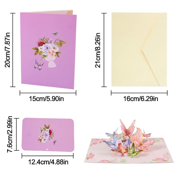 Färgglad Fjärils Pop Up-kort, 3D Fjärilskort med Blommig Design, till Fru, Flickvän & Mamma med Notkort Kuvert för Jubileum,