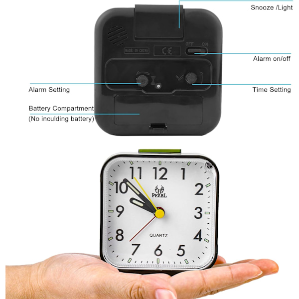 Analog väckarklocka, tystgående - batteridriven - snooze- och belysningsfunktioner - för sovrum, vardagsrum, kontor, resor, enkel inställning, svart