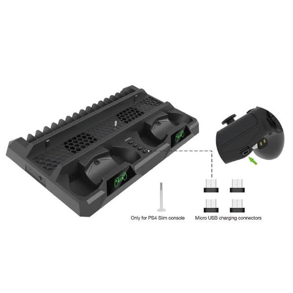 Controller Opladestation til PS4, Vertikalt Stativ med Integreret Blæserkøler & LED-indikator, Multi-model Passer til PS4, PS4 Slim, PS4 Pro, Høj