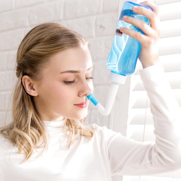 Nässköljflaska, skonsam nästvätt, bekväm för vuxna och barn, tryckbevattningsanordning för allergi- och förkylningslindring (Blå, 500 ml)