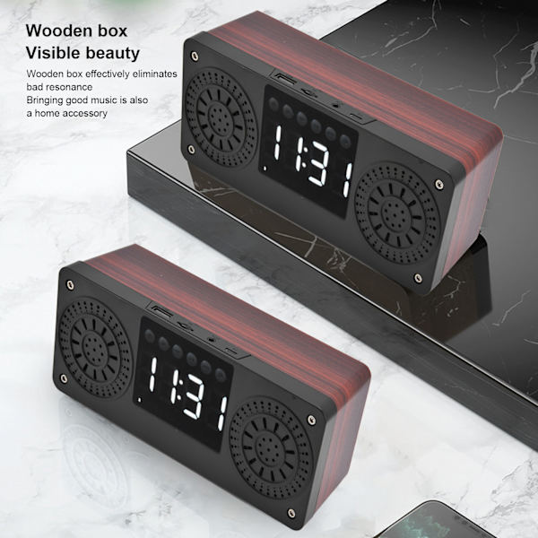 Högtalare Röd Dubbel Högtalare Digital Display Klocka 360° Tredimensionell Surround Trä Högtalare Subwoofer