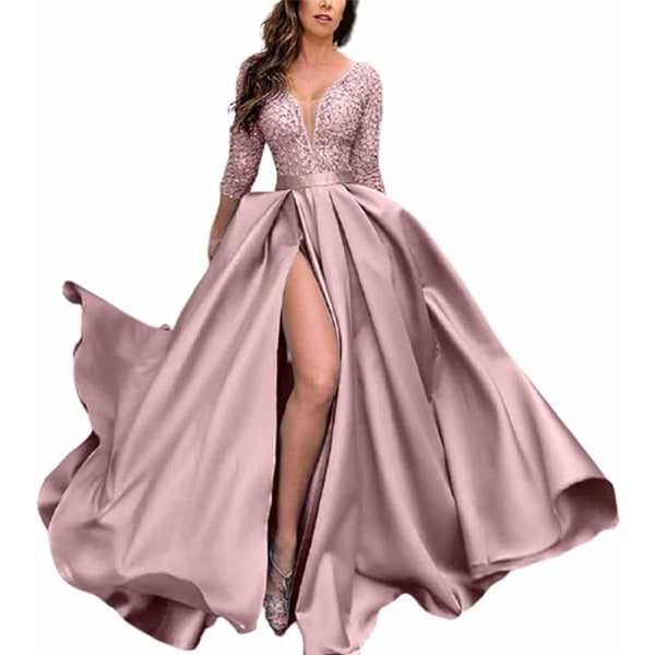V-ringad långärmad aftonklänning för kvinnor, elegant empire midja lår hög slits gunga lång fest balklänning, bröllopsfest cocktailklänning (2XL)