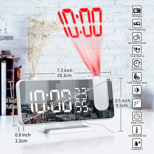 Projektionsväckarklocka, LED-väckarklocka digital med projektion 180° Radioväckarklocka Projektionsklocka Spegel Dubbel väckarklocka med Snooze Auto