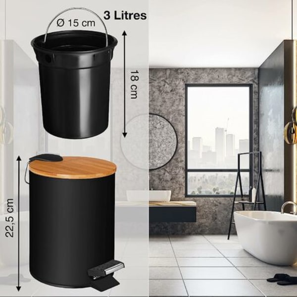 3L Badrumssopkorg Pedal Bin med mjuk stängning Kosmetisk Bin i elegant design med svart bambuträlock