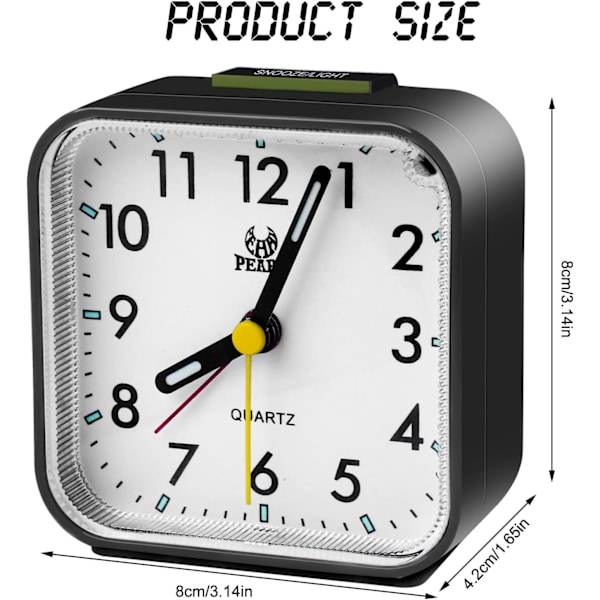 Analog väckarklocka, tystgående - batteridriven - snooze- och belysningsfunktioner - för sovrum, vardagsrum, kontor, resor, enkel inställning, svart