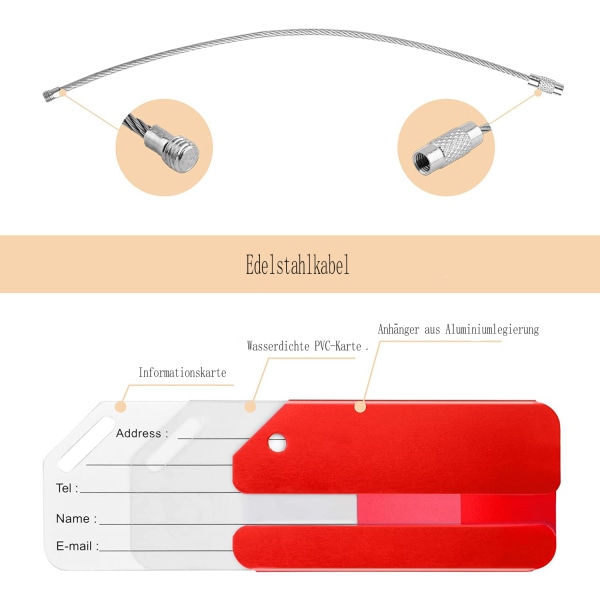 Yizhet bagageetiketter med adresslapp, 6 stycken bagageetiketter, resväskemarkörer, resväskaskylt med rostfritt stålkabel för bagage, resväska, väska,