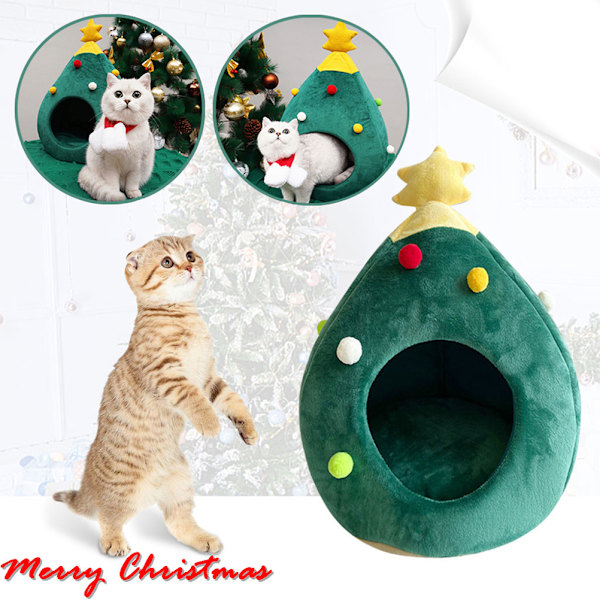 Julgran kattbädd hus, inomhus jul katt hus, bärbar katt igloo säng grotta för små djur, grön
