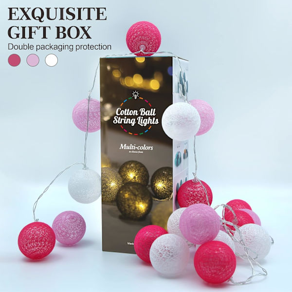 Rosa ljusbollsgirlang sovrum - Bomullsboll Ljusgirlang - 3 M 20er LED String Light-Bärbar LED-ljusgirlang för inomhusbruk