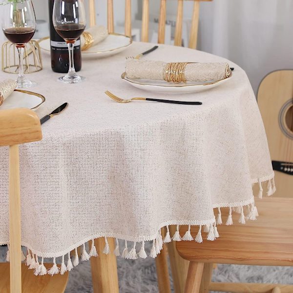 Beige bordsduk rund 150 cm tvättbar linne bomull bordsduk skrynkelfri dammtät med tofsar för kök, matsal, matbord, kaffe