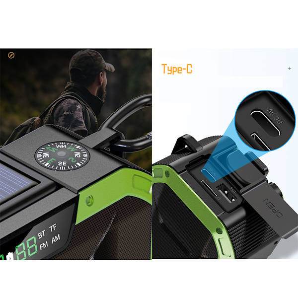 Veva radio med vev, solcellsladdning för mobiltelefon, 5000 mAh powerbank med USB-utgång, FM/AM, dynamo, IPX6 vattentät, LED-ficklampa, nöd