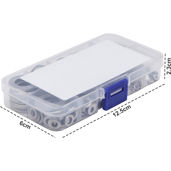 Metallbrickor (580 stycken) med plastbox - 9 olika storlekar av rostfria brickor M2, M2,5, M3, M4, M5, M6, M8, M10 och M12 - Platta brickor