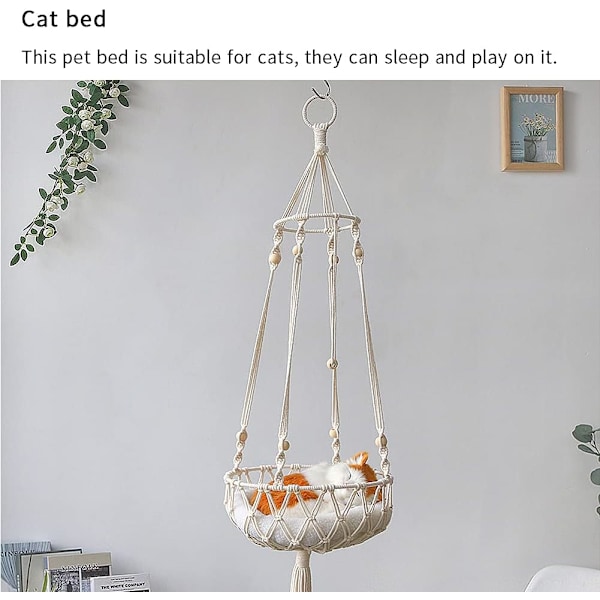 Boho Kattfönsterbräda, Handvävd Makramé Katt Hängmatta, Inomhus Kattsäng för Sovande, Rundformad Djurbädd, Lätt Anpassningsbar för Extra