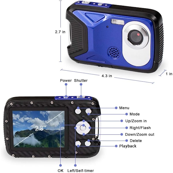 Vattentät digitalkamera GDC8026 / 8x digital zoom / 16 MP / 1080P FHD / 2,8\" TFT LCD-skärm / undervattenskamera för