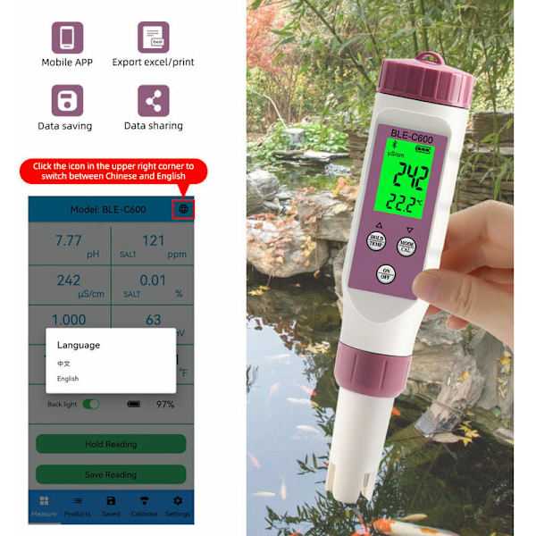 Bluetooth Vattenkvalitetstestare Temperatur ORP EC TDS Salthalt SG PH-mätare Online APP-kontroll