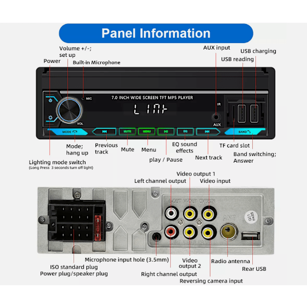 Enkel 1DIN 7\" Utvändigt Vändbar Bilstereo CarPlay FM Radio Pekskärm MP5 Spelare+KAME