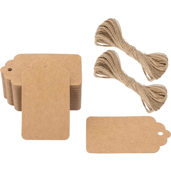 100 st Kraft-etiketter, presentkort, 7 x 4 cm Kraft-etiketter tomma etiketter för bröllop, födelsedag, jul - med 30 m jutesnöre (brunt)