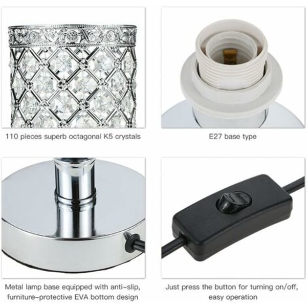 Kristalllampa, Lampskärm Sänglampa, Kreativ Fashion Kristall Silver Bordslampa, för Hotell Vardagsrum Sovrum Bibliotek Byrå (Utan Glödlampa)