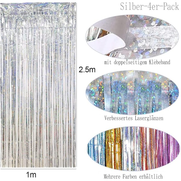 OEMG Glittergardin Silver, Glittrande metallisk folie frans bakgrund glittergardiner dekoration för bröllop förlovning brudparty födelsedag