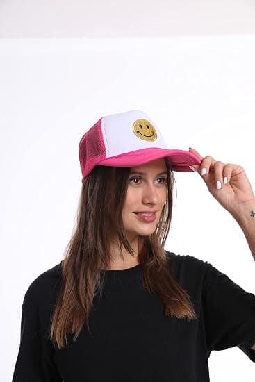 Mode Smiley Ansikte Glitter Neon Tryck Hög Krona Skum Mesh Baksida