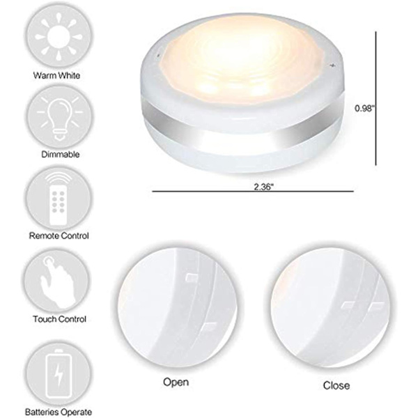 Puck-lampor med fjärrkontroll, trådlösa LED-puck-lampor batteridrivna, LED-puck-lampor med fjärrkontroll, LED-belysning under skåp, dimbar garderob