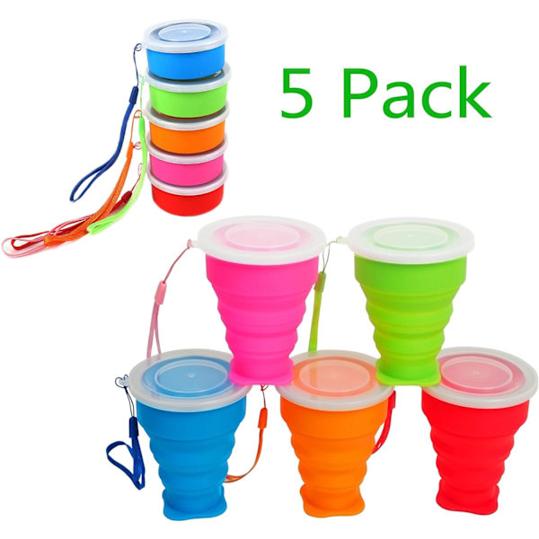 5-pack hopfällbara resesilikonkoppar, bärbara campingmuggar med lock, matkvalitetsmuggar för utomhusdryck